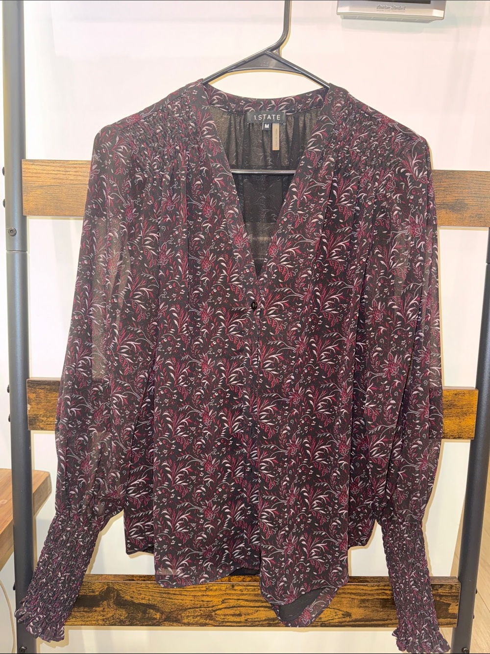 1. State Floral V-Neck Long Sleeve Blouse in Burgundy and Black